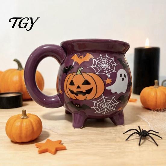 Cute Ghost Pumpkin Teacup Halloween Witch Cauldron Coffee Mug, 360ml Spider Web Pattern Holiday Gift for Enthusiasts Ceramic Cup, Spooky Drinkware