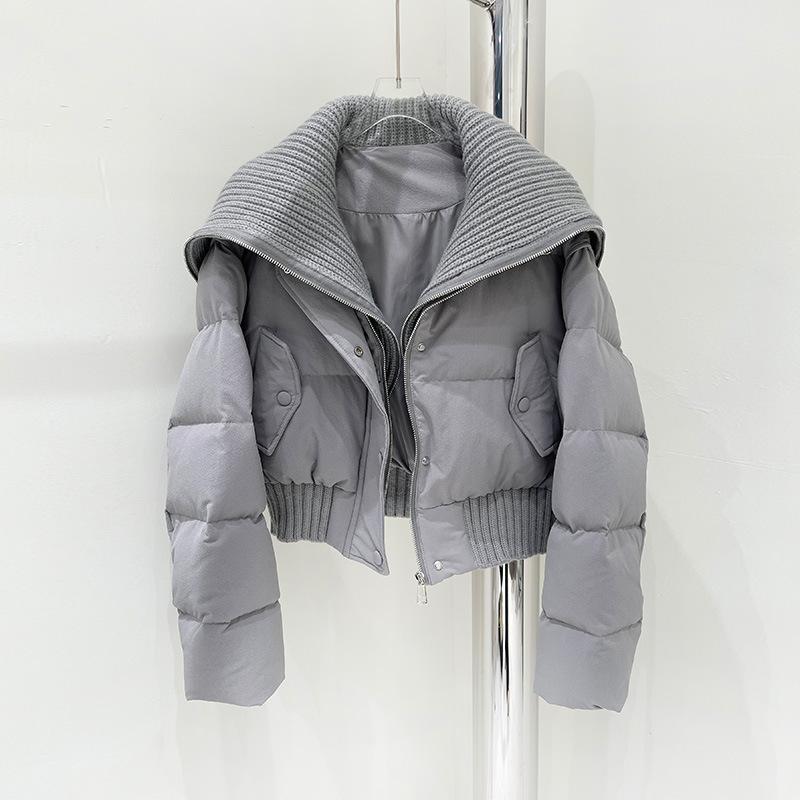 New down jackets for women in autumn and winter, ultra-short foreign style, large lapel neck, knitted splicing, white duck down jacket thickened