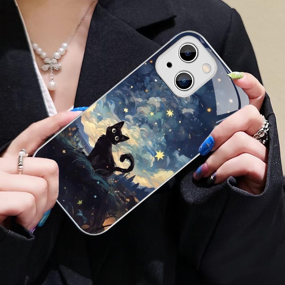 Starry Sky Cat Phone Case For IPhone 14 13 12 Mini 11 Pro XS Max X XR 14 Plus Tempered Glass Cover