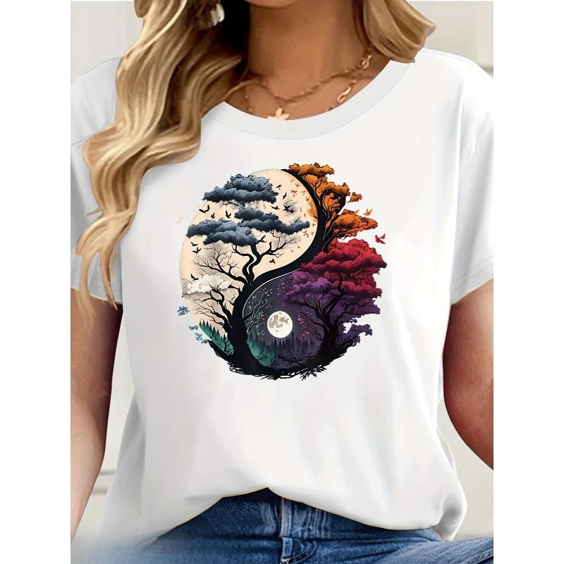 Evropské velikosti Dámské tričko s krátkým rukávem - Tmavě modré Yin-Yang Květinový Nebeský Grafický Potisk, Prodyšný Ležérní Jarní Letní Top