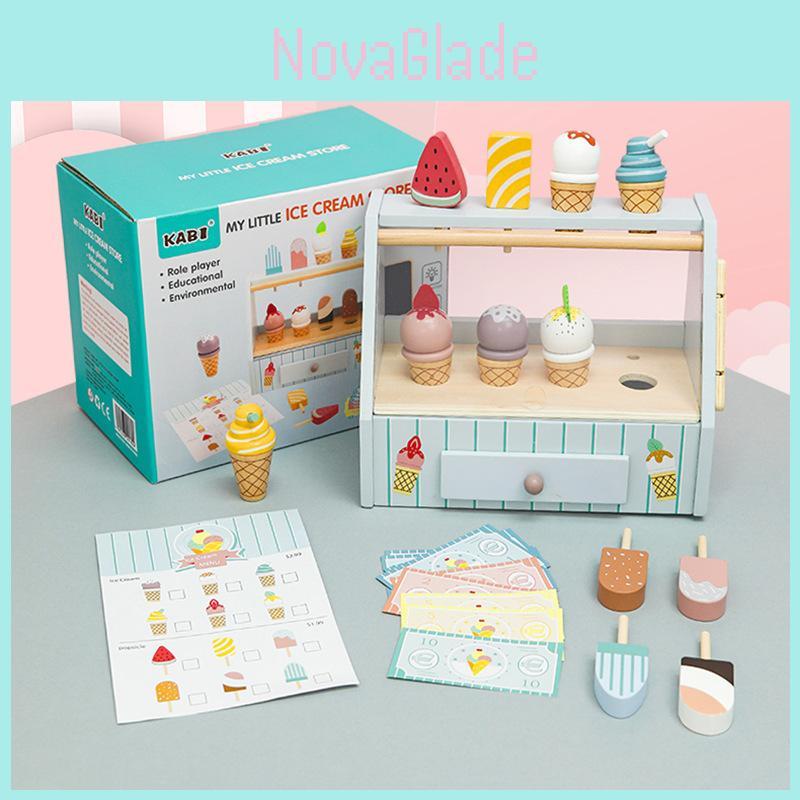 Fun Wooden Simulation Ice Cream Shelf Model Children Toy Set For Kids With Pretend Food And Sensory Development