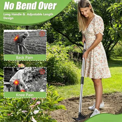 2-in-1 Weed Puller with Long Handle Adjustable Manual Weeder Hand Weed Rake And Heavy Duty Garden Hoe with Gloves for Uprooting Fast Weed Removal Lawn