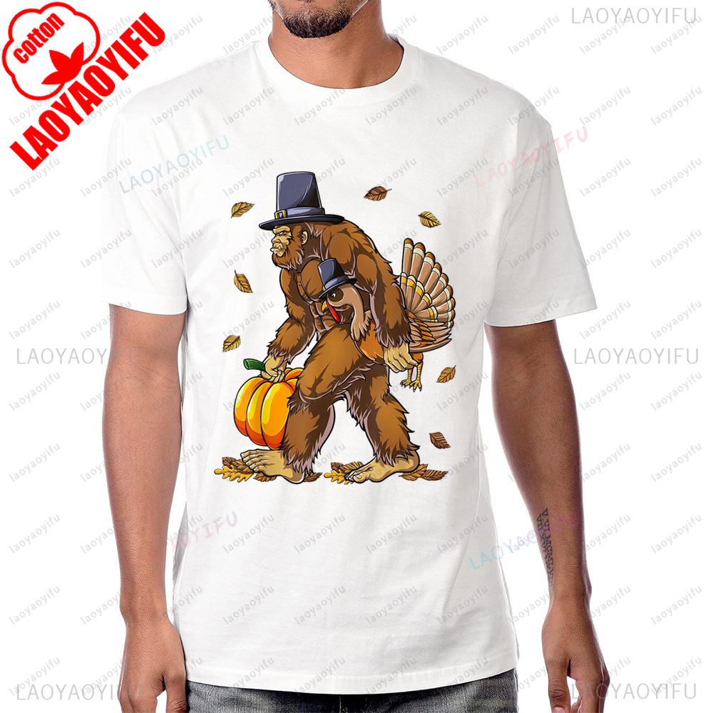 Bigfoot Turkey Pumpkin Thanksgiving Sasquatch Tshirt Casual Fashion Loose Short Sleeve Cool Unisex T Shirt Y2K Unisex Streetwear