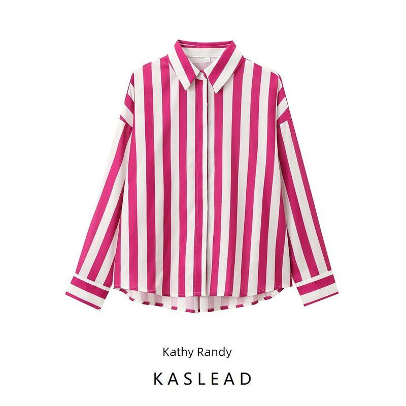 Kaslead New Arrival Women's Clothing Fashion Style Fashion All-Match Linen Blend Stripes Long Sleeves Shirt 3618304