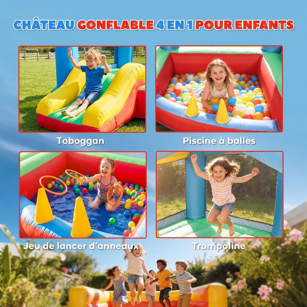 4 In 1 Inflatable Castle Play Area With Blower Slide Ball Pit Ring Toss Game Multicolor