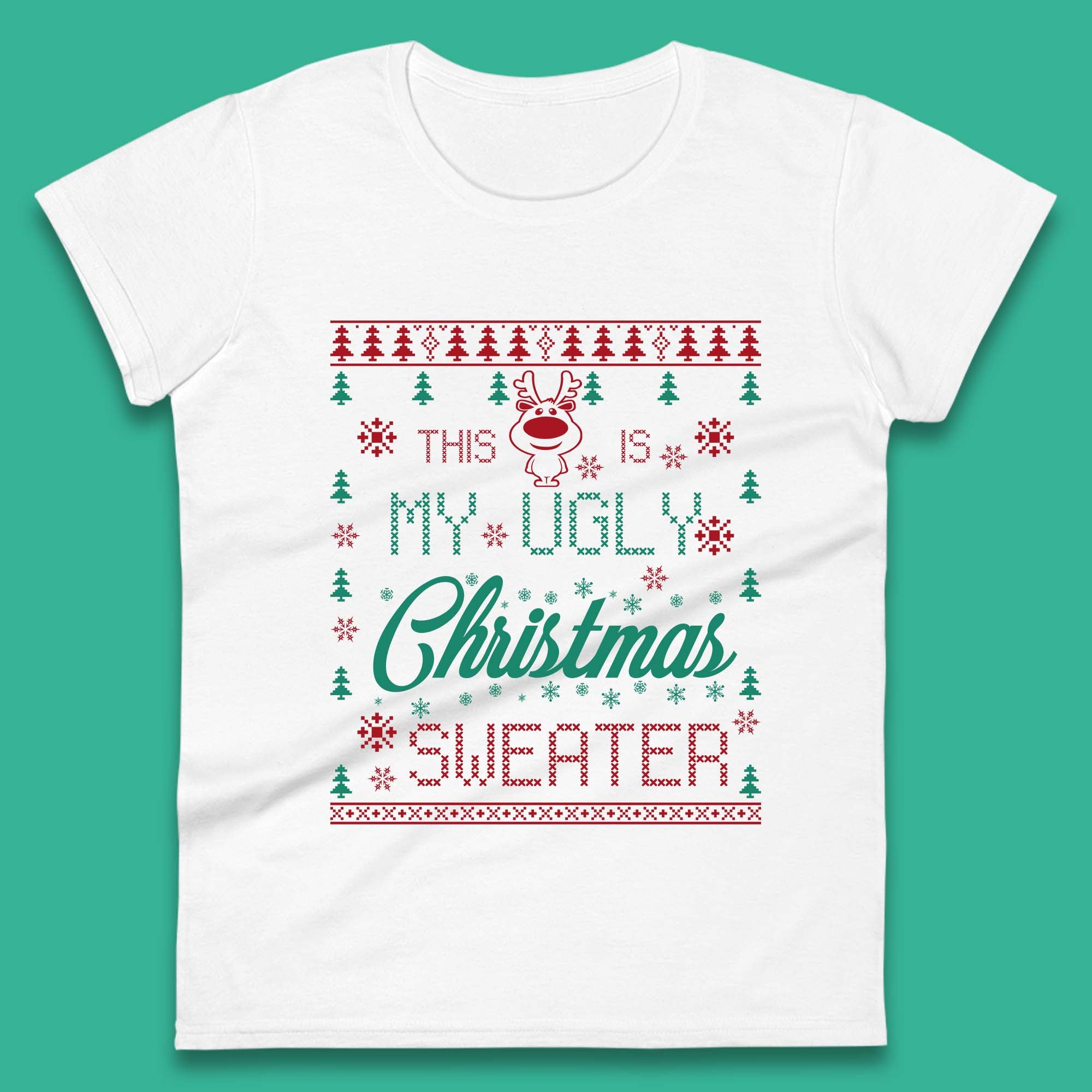 Ugly Christmas Sweater Reindeer Womens T-Shirt Mens Tops Tees Unisex 3XL