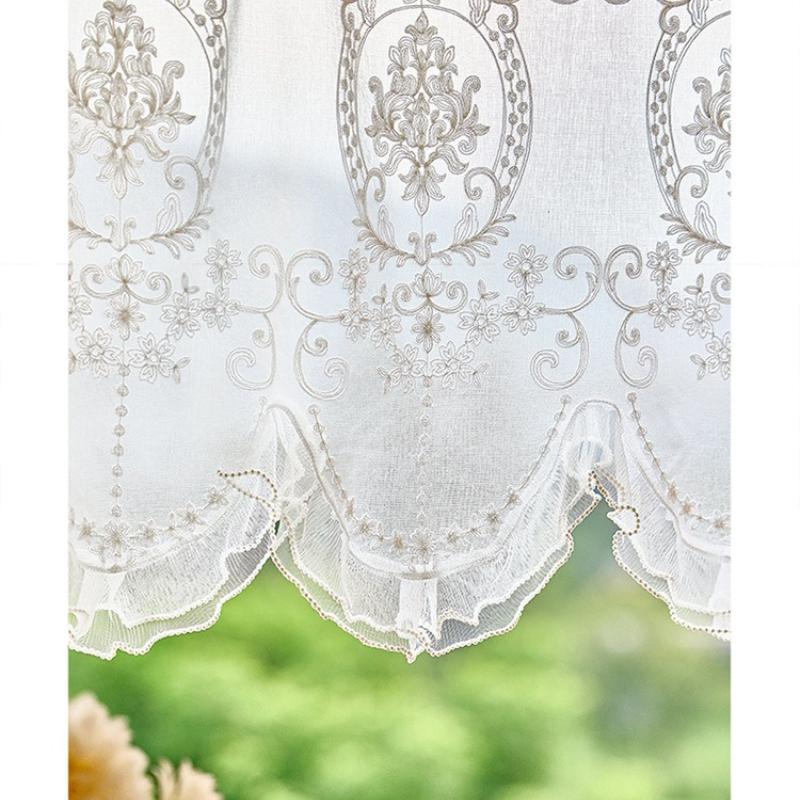 French Style Ruffled Lace Short Curtains Luxurious Embroidered Chiffon Fabric Curtains No Drilling Required Suitable for Home Doors Windows, and Cafes