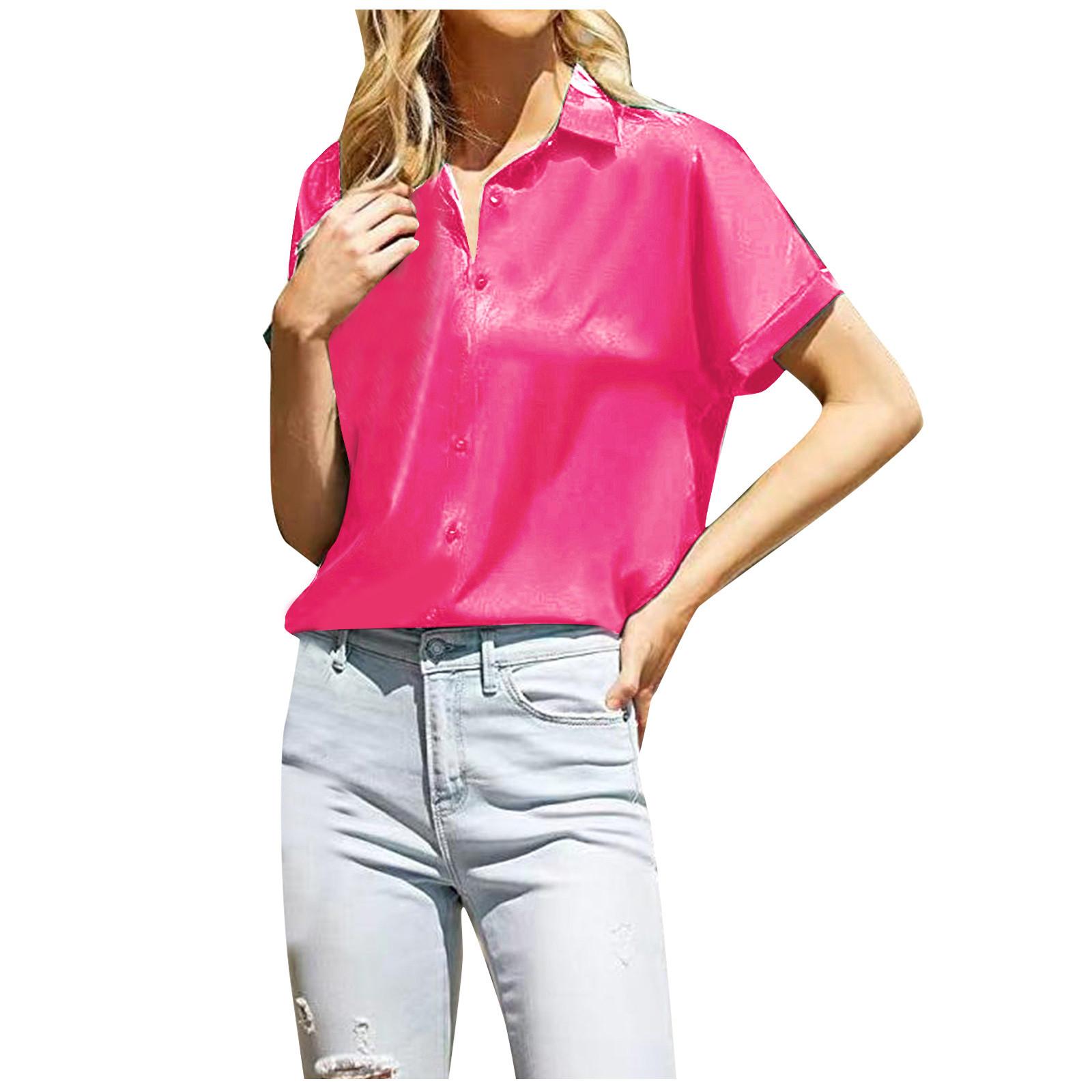 

Шелковая блузка для женщин, атласные рубашки на пуговицах с коротким рукавом, повседневная свободная деловая рабочая туника с v-образным вырезом, топ XL