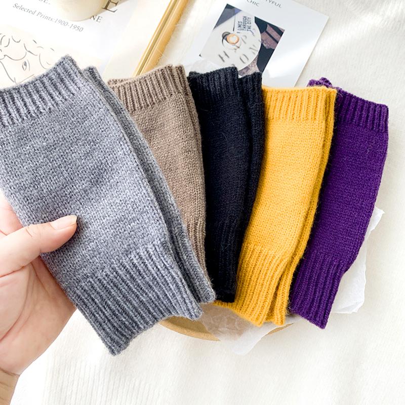 1Pair Warm Gloves Soft Acrylic Fiber Long Solid Color Winter Fingerless Warmer Mittens Women