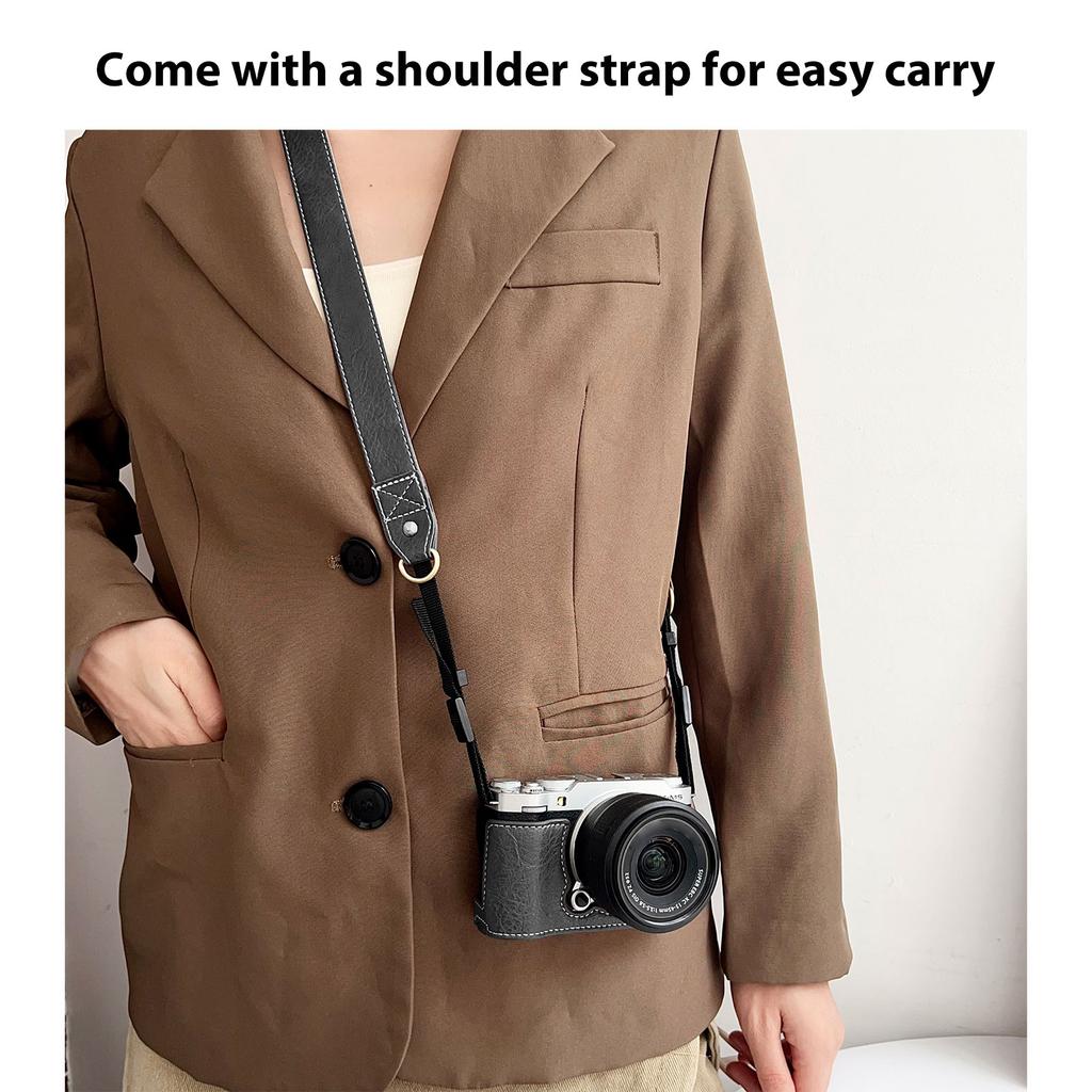 Camera Half Case PU Leather Anti-Scratch Camera Carry Case with Shoulder Strap Compatible with Fujifilm X-M5 Black