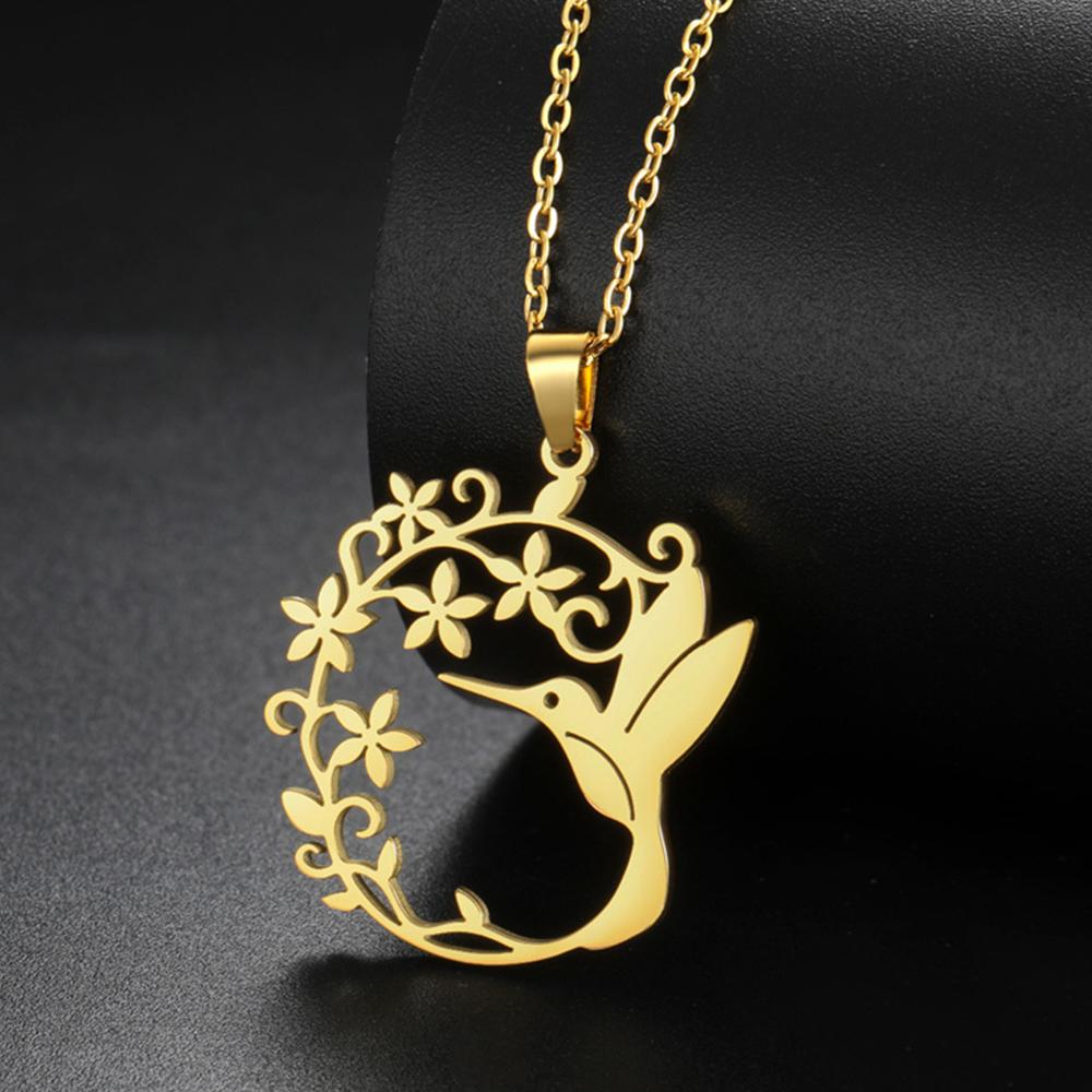 My Shape Hummingbird Flower Pendant Necklaces for Women Girls Bird Floral Stainless Steel Chain Choker Fashion Jewelry Gifts