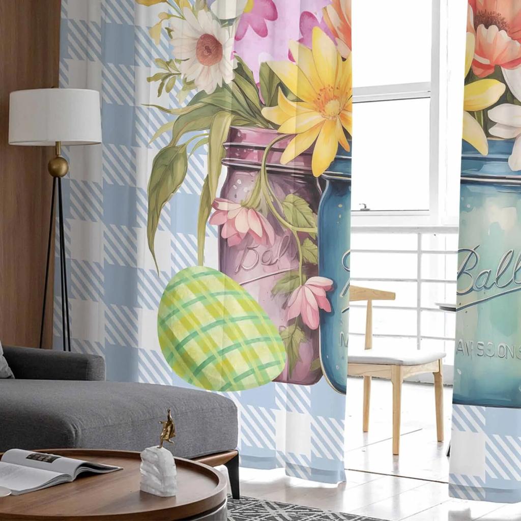 Easter Eggs Watercolor Flowers Tulle Curtains For Living Room Sheer Curtain For Bedroom Kitchen Blinds Voile Curtains