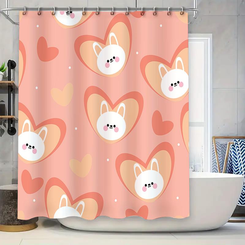 

Pink Bunny Heart Shower Curtain Cute Animal Print Bathroom Decor W60H190(CM)-1 Pcs