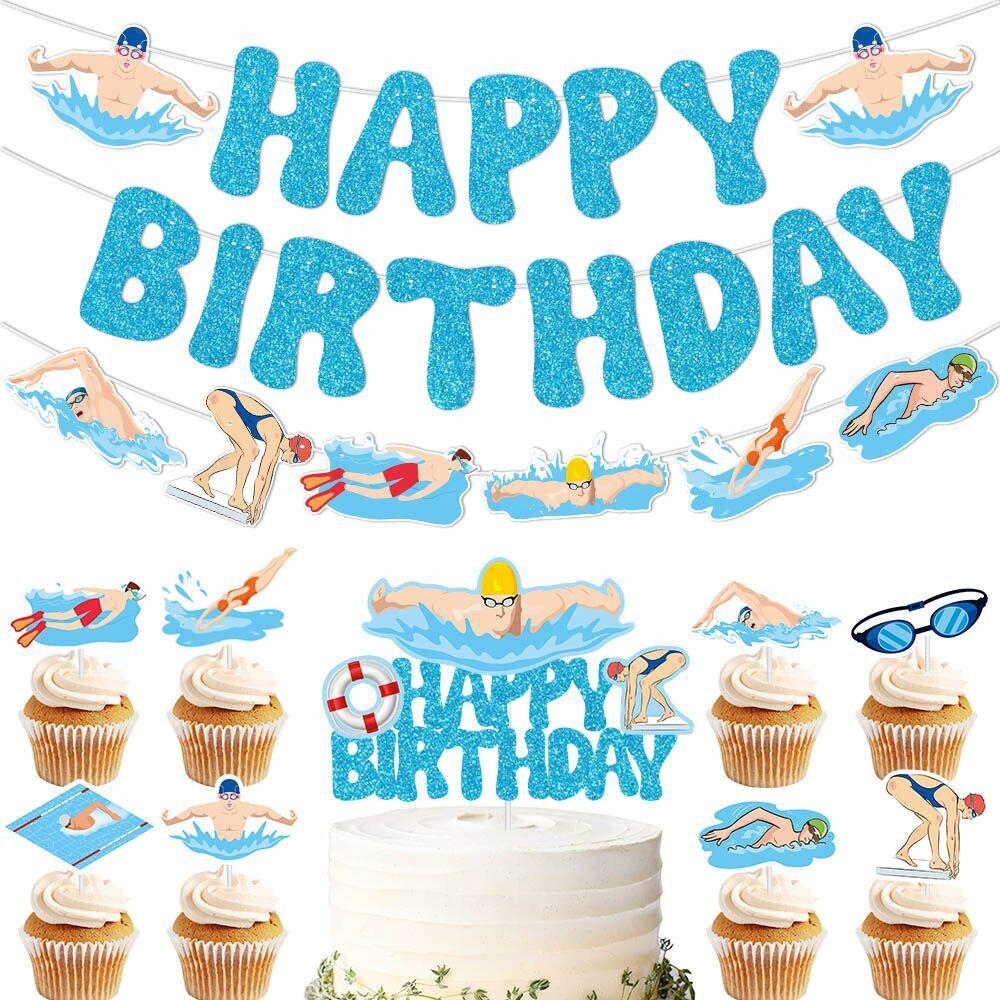 Swim-Themed Birthday Party Decoration Set: Cake Topper, Banner, and Pool Party Decorations