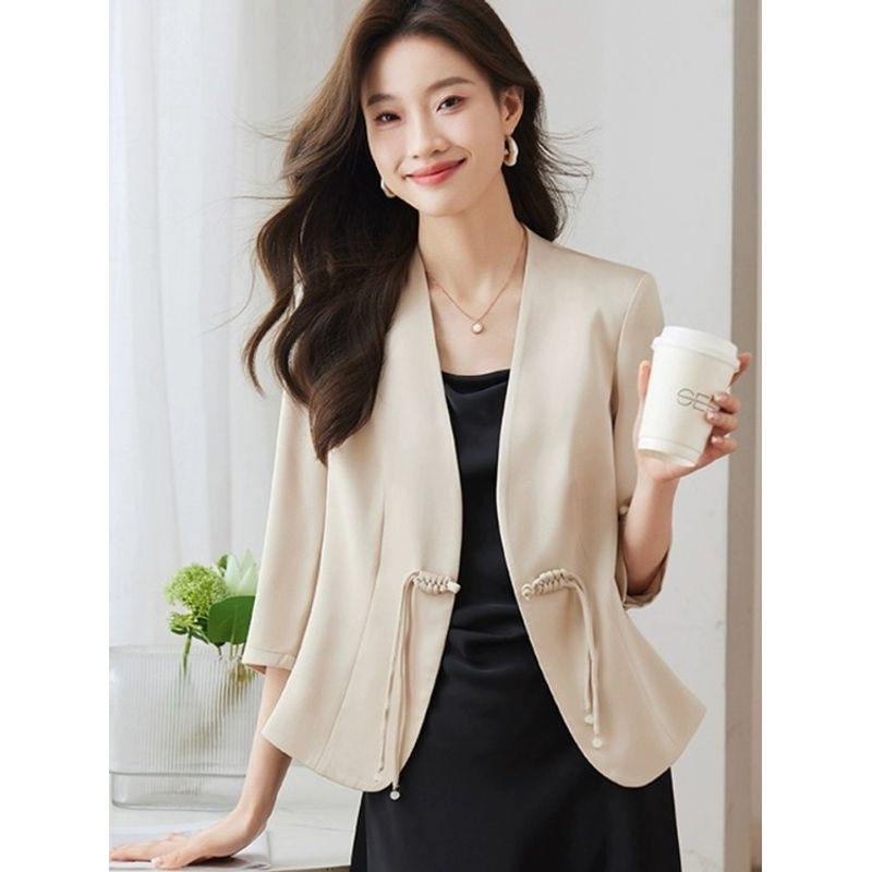 Plus size women clothing New Chinese Style Spring and Summer One Button Buckle Thin Commuter Ol Three-Quarter Sleeve Suit Small Coat Fashion