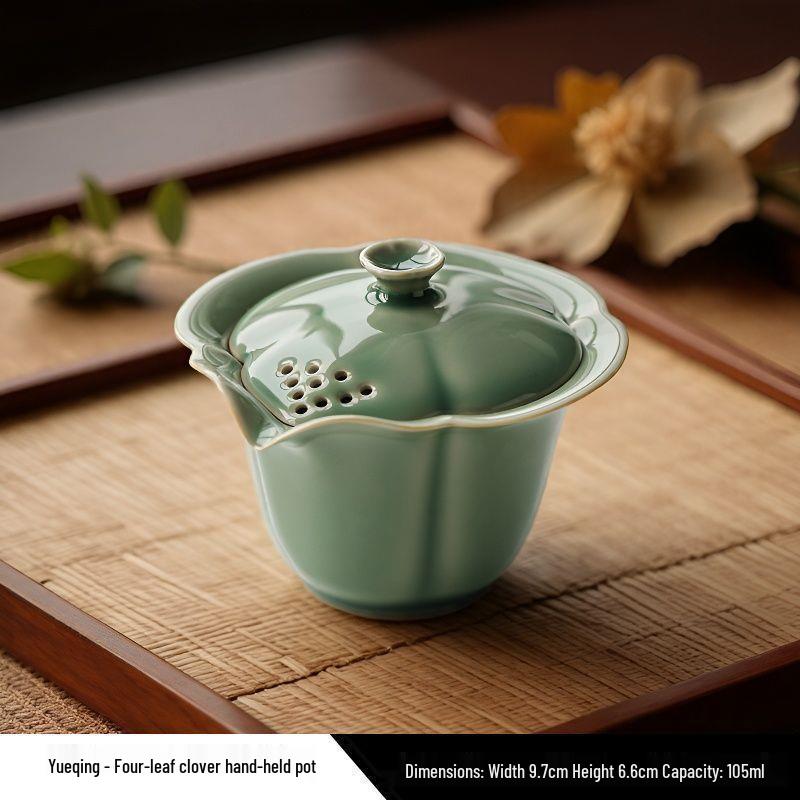 Celadon Ruyi Tea Set: Embossed Gaiwan, Teapot, Cup, Can, and Ornament