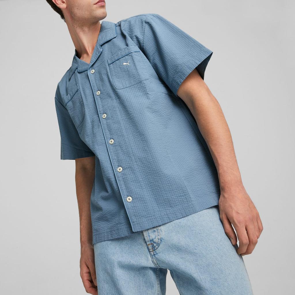 Puma Mmq Series Solid Color Button Minimalist Casual Loose Short Sleeve Shirt Men shirts Zen-Blue 624016-20