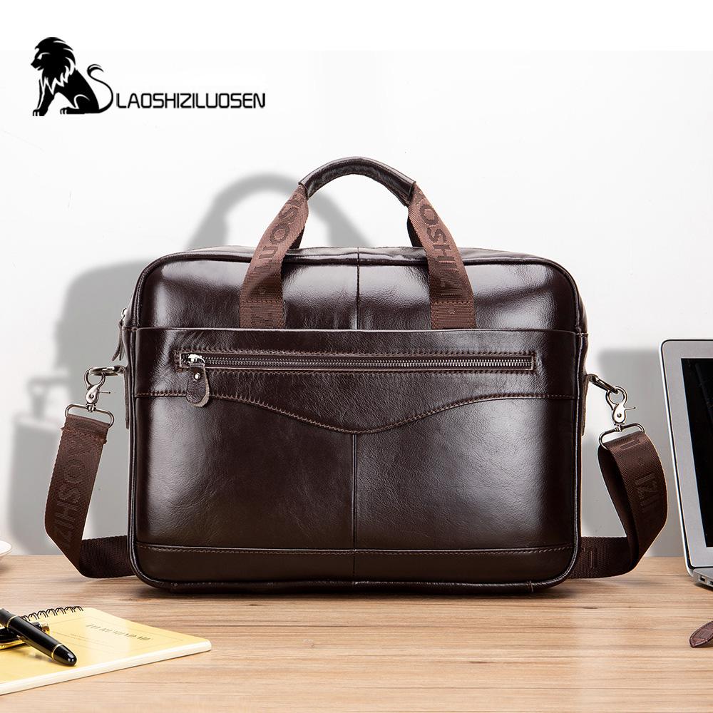 LAOSHIZI Men's Briefcase Male  Genuine Leather Messenger Bag Documents Bag Crossbody Bag