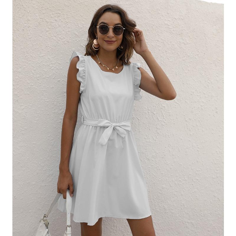 

Женское летнее однотонное платье с круглым вырезом и шнуровкой на талии 2XL белый