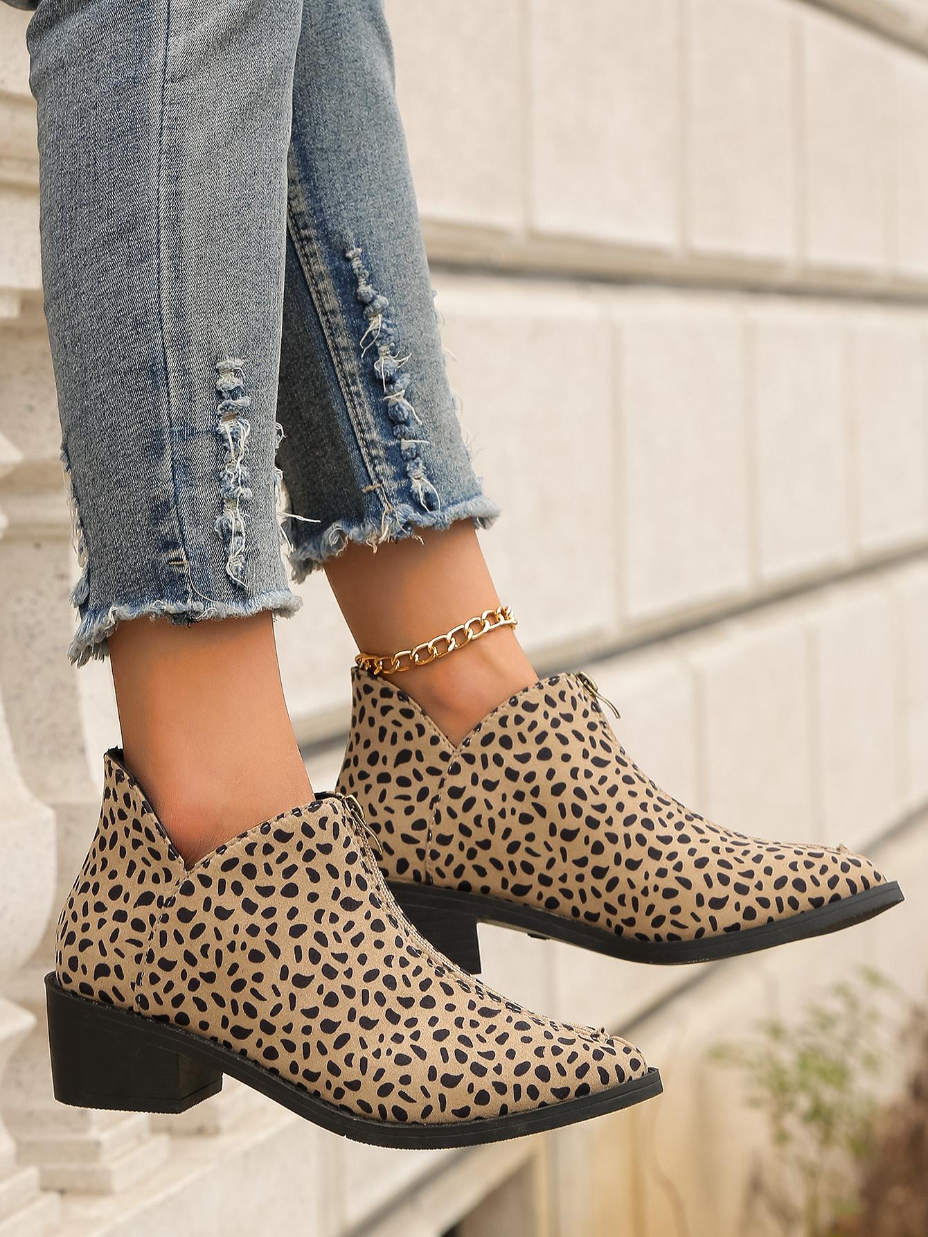 

Мода Осень/Зима Новые Женские Одинарные Ботинки Большие Леопардовые Распечатать Молния Спереди Квадратный Каблук Короткие Ботинки Для Женщин Плюс Размер 42 39 цветной печати леопарда