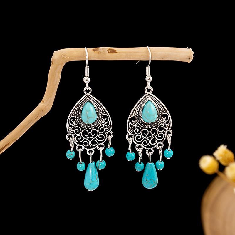 Bohemian Fringed Turquoise Earrings, Retro Minority Style Earrings, Personalized Temperament Earrings.