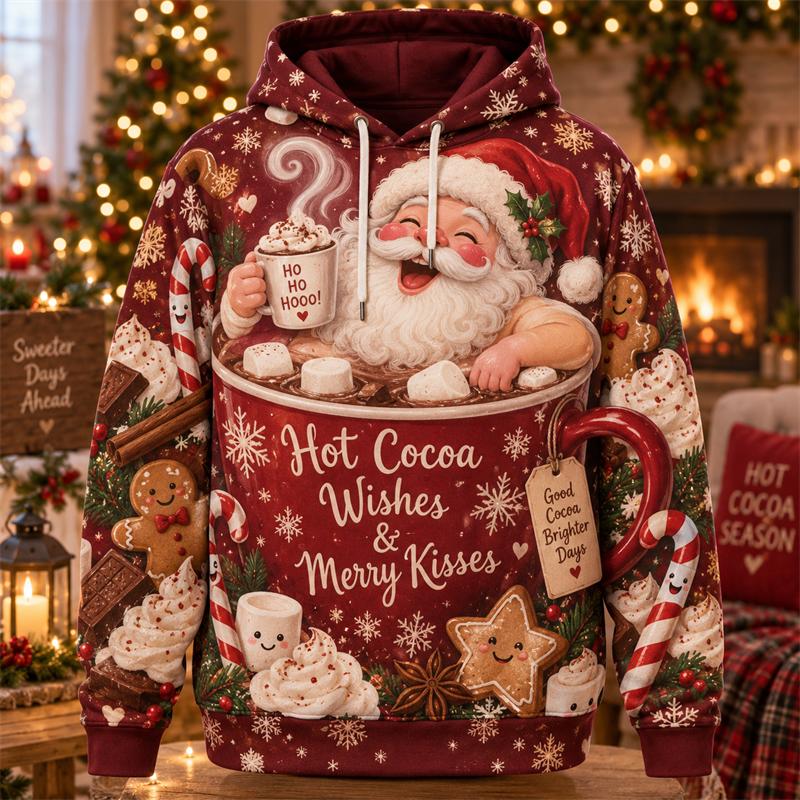 Komik Noel Baba Noel Kapüşonlu Sweatshirt 3D Baskı Snowboard Oyun Sıcak Kakao Ren Geyiği Şenlikli Kazak Tatil Partisi Kış Hediyesi