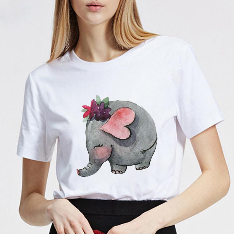 Women Tshirt Summer Round Neck Basic Cartoon Elephant Streetwear Trend Style 90S Short Sleeve Lady Clothes Female Tee Tops