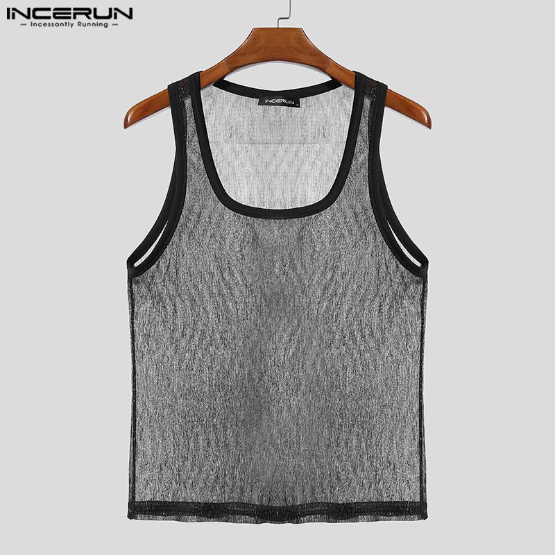 INCERUN Maiouri Transparente din Plasă Sheer cu Sclipici, Fără Mâneci, cu Guler Pătrat pentru Bărbați