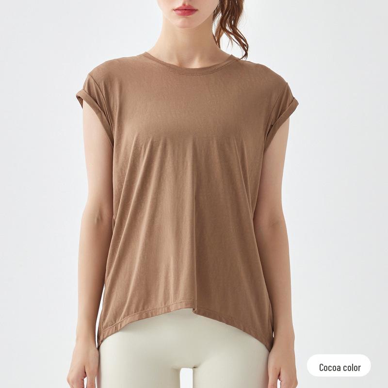 

Женская летняя быстросохнущая футболка для йоги и фитнеса со шлицей сзади в виде ласточкиного хвоста M какао