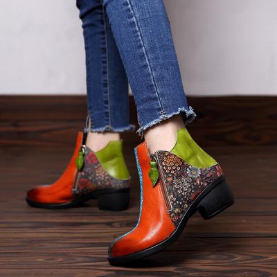 Genuine Leather Patchwork High Heels Retro Embossed Hand-painted Pumps Versatile Women's Shoes