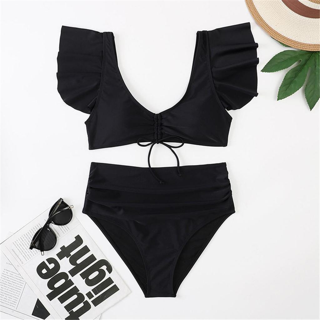 S- XL Sexy Lace Up Ruffled High Waist Bikini Female Swimsuit Women Swimwear Two-pieces Bikini Set Bather Bathing Suit Swim