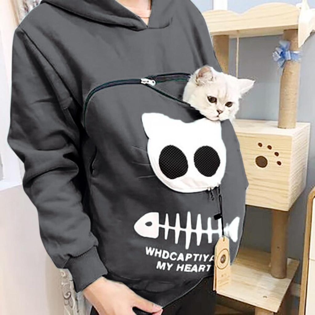 Women’s Sweatshirt  Pouch Hood Tops Carry Cat Breathable Pullover Blouse