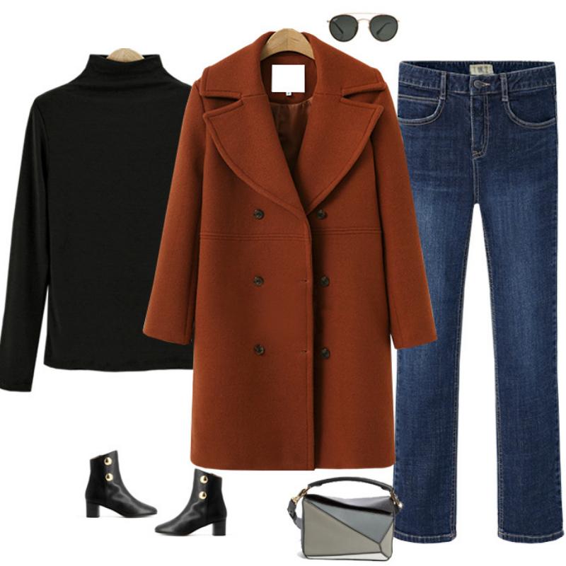 Autumn and Winter Plus Size Women's Woolen Coat Double-breasted Mid-length Trench Coat