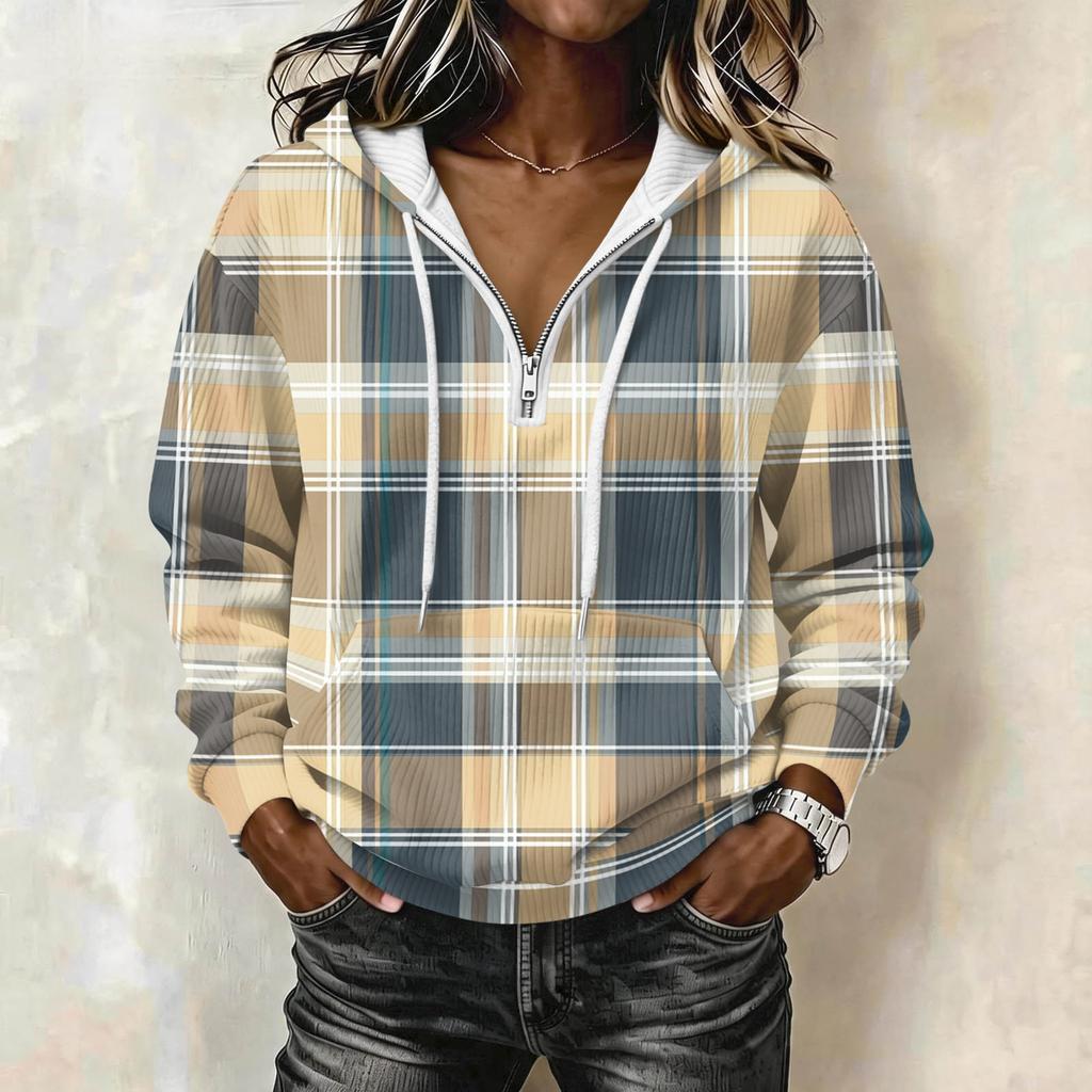 Women's Long Sleeve Drawstring Hoodie with Striped Plaid Print Pullover Sweatshirt