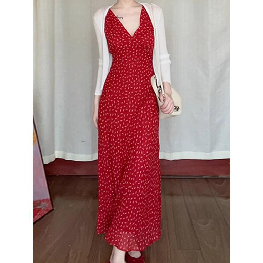 Seaside vacation temperament red v-neck floral sleeveless dress children's summer versatile new long dress