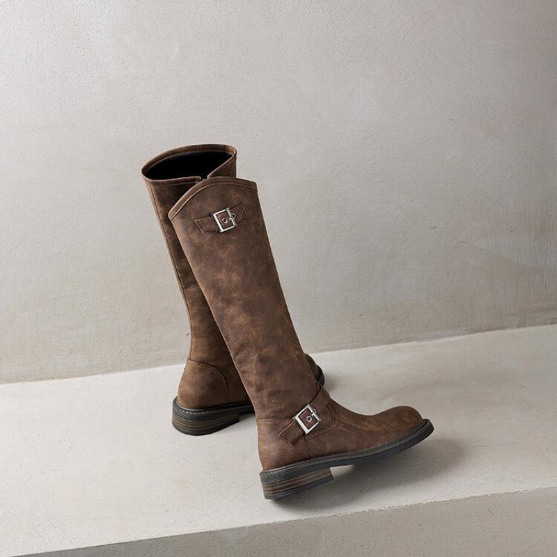 Autumn and Winter Women's Knight Boots Thick-soled New Large-size Leather Boots Round Head Low Heel Square Heel Comfortable Side Zipper High Boots
