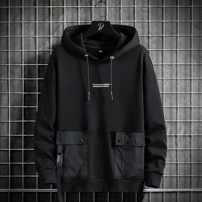Black Mens Hoodies Street Hip Hop Fashion Sweatshirts Men Casual Hooded Long Sleeve Pullover Cargo Pocket Streetwear