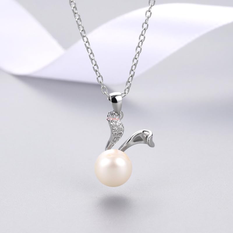 C-Girls Pearl Shop Natural Freshwater Pearl 7.5mm White Cute Rabbit Necklace Pendant with 5A Grade CZ Diamond (2 Colors) Perfect for Parties, Gifts,