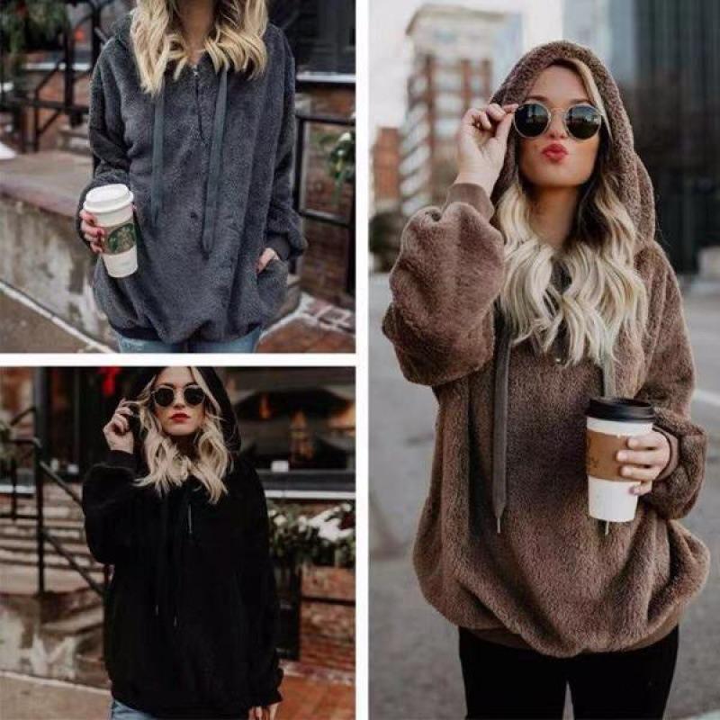 Autumn Winter Woman Fashion Warm Sweater Coat Hooded Loose Pocket Plush Hoodies Womens Fleece Flannel Faux Lamb Wool Pullover