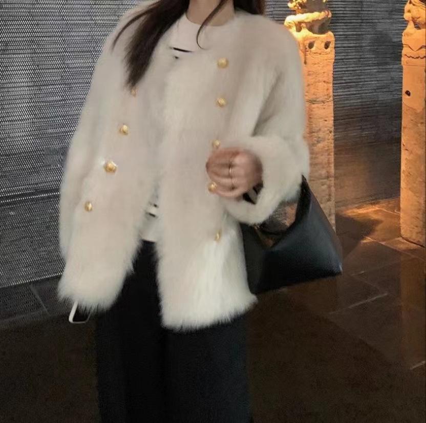 Autumn and winter Toka imitation fox fur integrated coat women's imitation lamb wool double-breasted imitation fur thickened coat