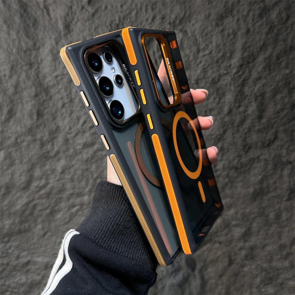 Suitable for Samsung S25 Ultra Lens Invisible Metal Bracket Mobile Phone Case S24 Magnetic Contrast Color S23FE Transparent Sleeve