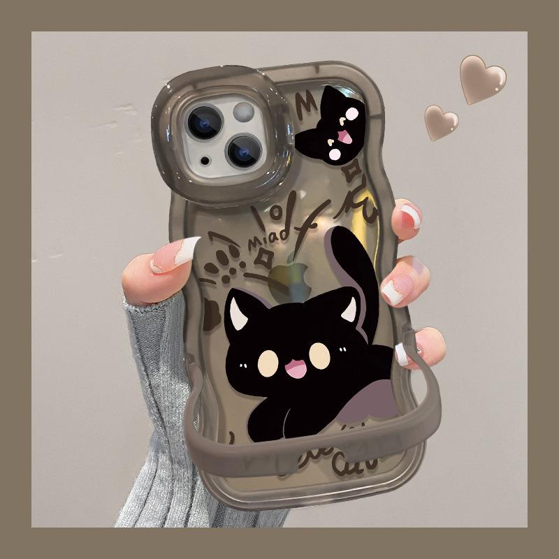 Aplicabil la husă telefon mobil Apple 15 IPhone 14 Desene animate Pisică Neagră 13 Margine Ondulată 12 Suport Dublu Invizibil Vară