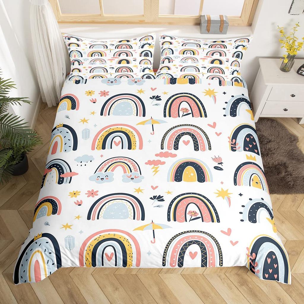 Rainbow Comforter Cover Watercolor Hand Drawn Duvet Cover Cartoon Raindrop Kawaii Bedding Set Girl Crown Love Hearts Quilt Cover