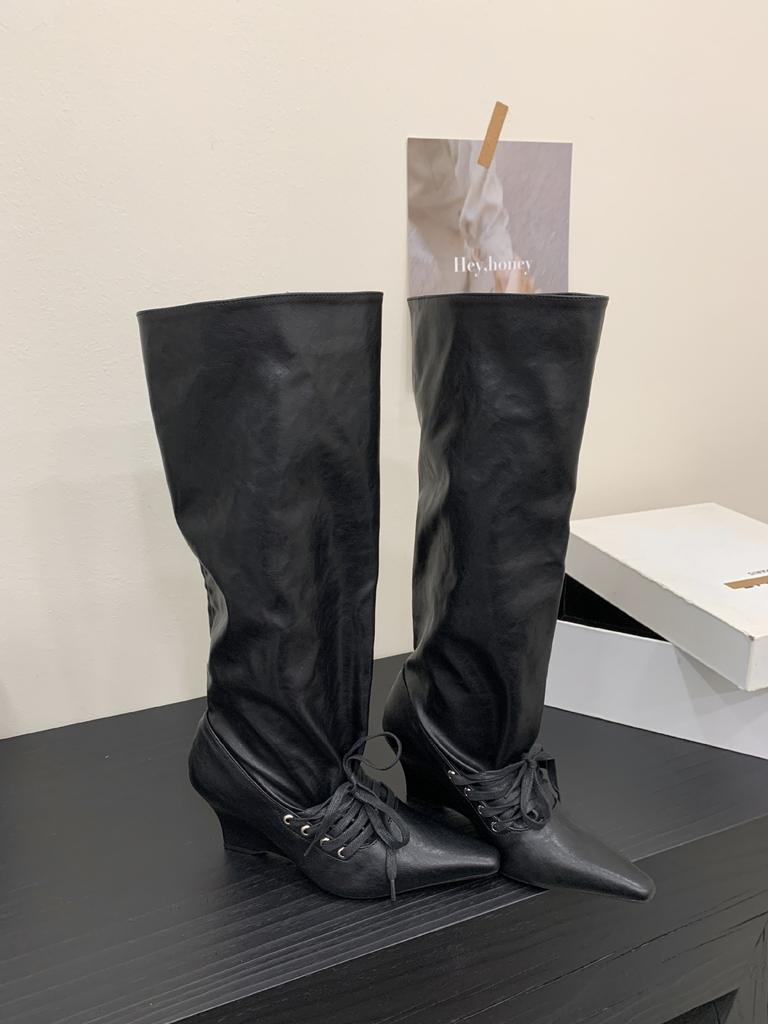 Vintage Western Pile Boots Women's 2025 Summer New Square Head Slope Heel Wide Tube Lace-up Folded Calf Boots