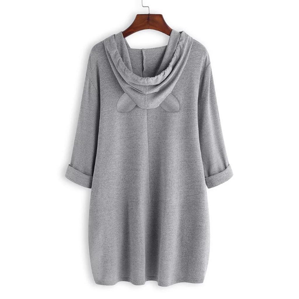 Women Casual Print Cat Ear Hooded Long Sleeves Pocket Irregular Top Blouse Shirt