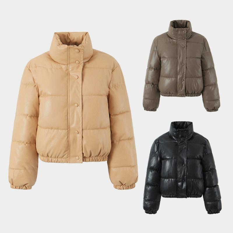 Autumn and winter new leather jacket women's stand-up collar short warm bread cotton clothes