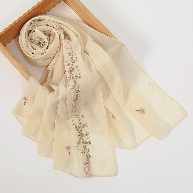 Small fresh embroidered chiffon long towel versatile high solid color elastic bag head shawl scarf