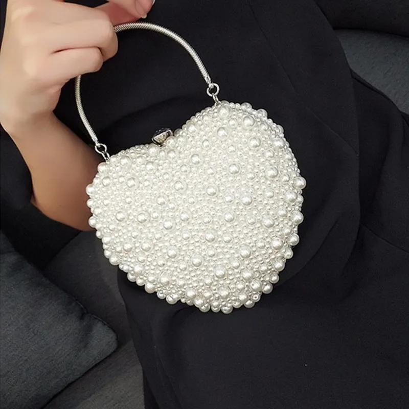 Heart Shape Women Bag Creative Handmade Heart Pearl Evening Bag Lock Weaving Packet Bag Bridal Bag Over Shoulder Bag Designer Handbag Women Bag