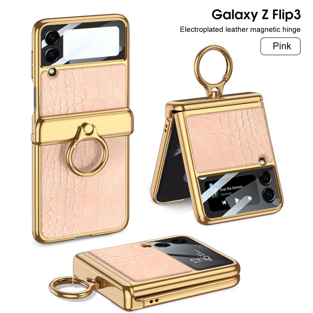 Pro Samsung Galaxy Z Flip 3 4 5 6 Pouzdro Ultratenká Ochrana Obrazovky Coque Fundas Luxusní Kůže s Kroužkem Pokovení Magnetický Kryt