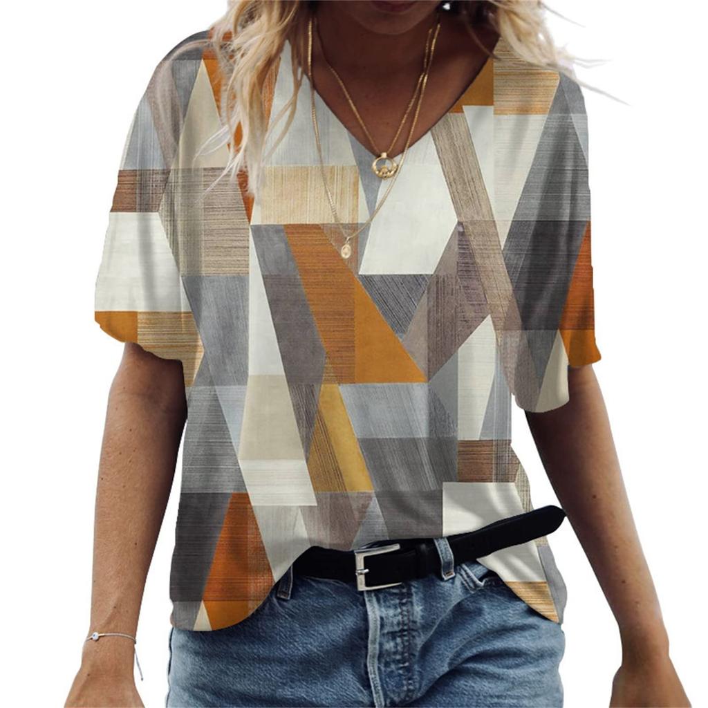 Summer V-neck 3D Printed Retro Irregular Geometric Patterns Top Fashionable Casual Short Sleeved Women's T-shirts